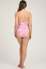 Pink Floral Tie Front V-Neck Criss Cross Back One-Piece Maternity Swimsuit