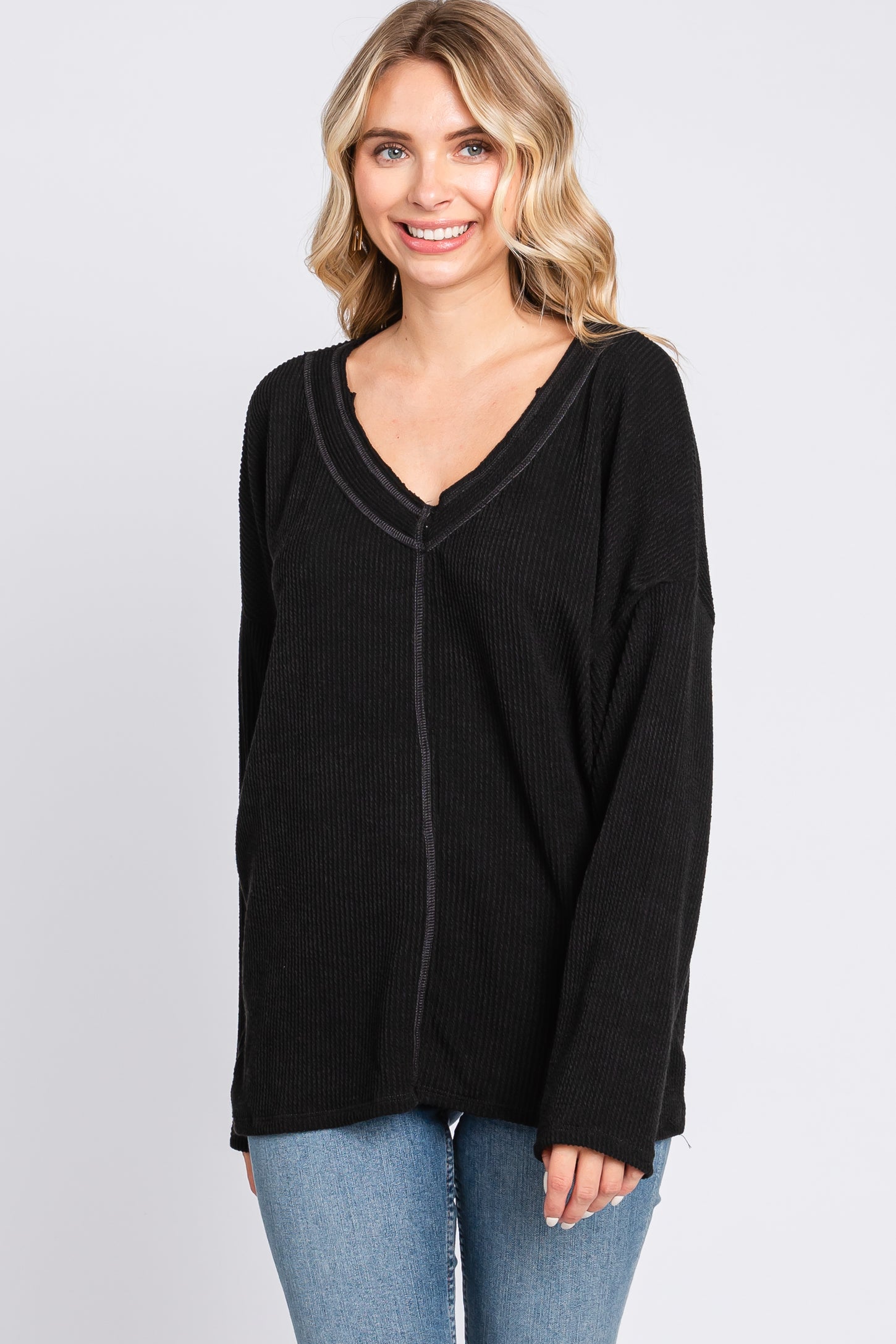 Black Ribbed V-Neck Long Sleeve Top