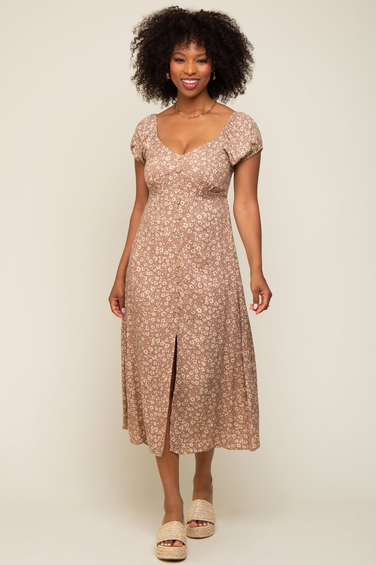 Beige Leopard Button Front Maternity Midi Dress – PinkBlush