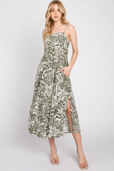 Olive Floral Side Slit Midi Dress