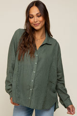 Olive Striped Button Front Collared Long Sleeve Maternity Top