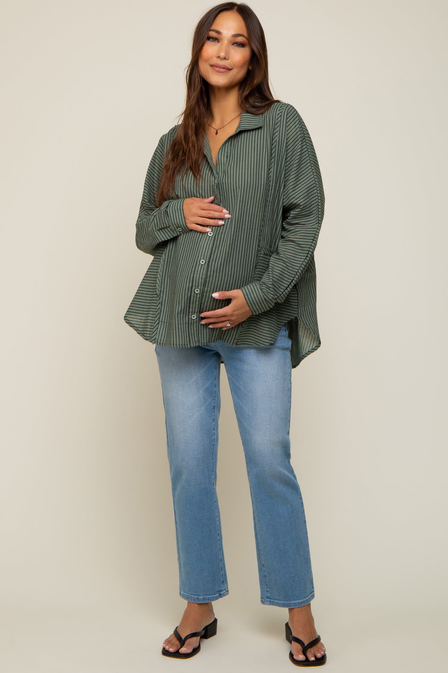 Olive Striped Button Front Collared Long Sleeve Maternity Top