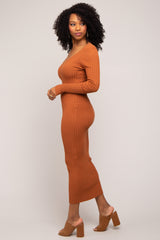 Camel V-Neck Long Sleeve Fitted Maxi Dress