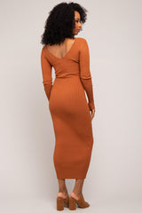 Camel V-Neck Long Sleeve Fitted Maxi Dress
