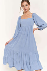 Blue Striped 3/4 Cinched Sleeve Tiered Midi Dress