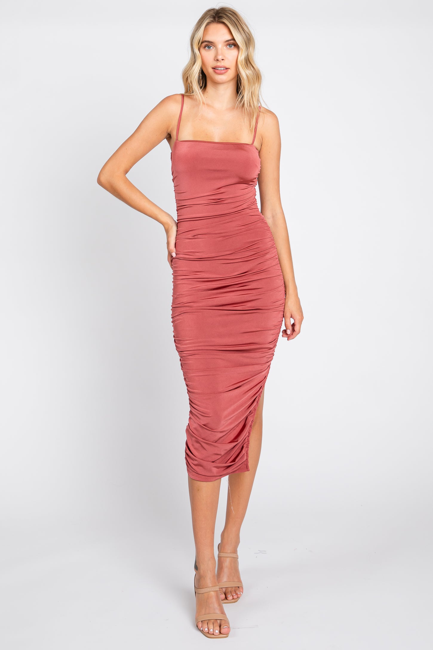Rust Ruched Side Slit Midi Dress– PinkBlush