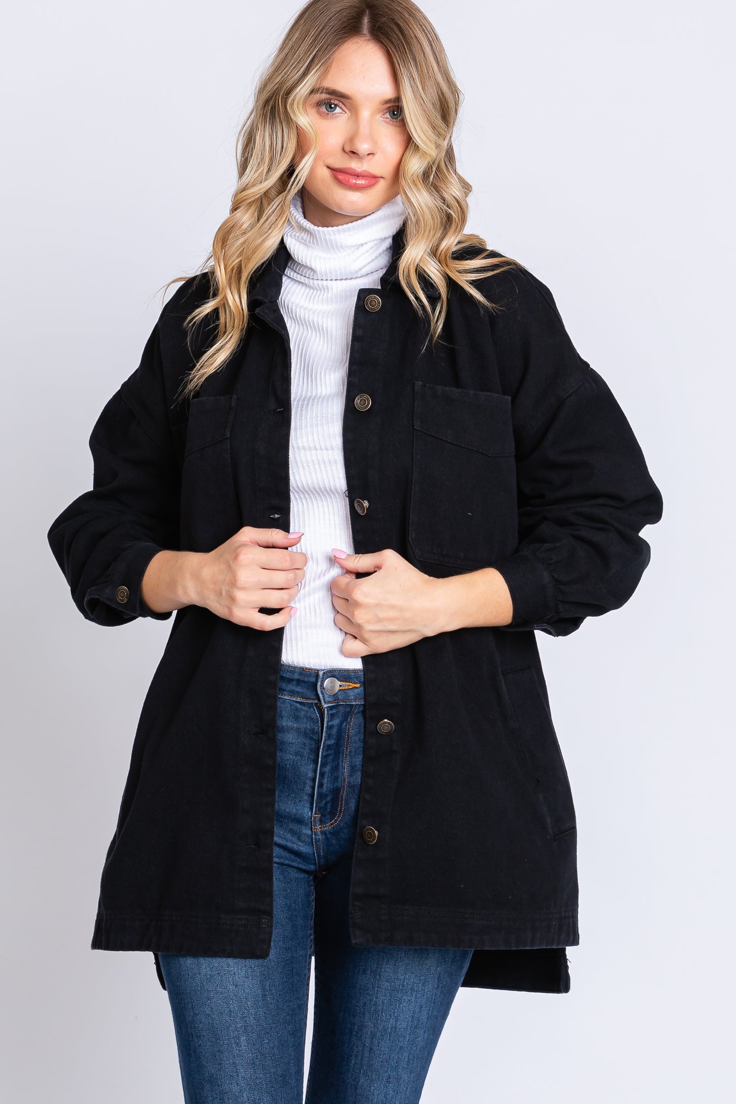 Black Denim Button Down Button Down Jacket