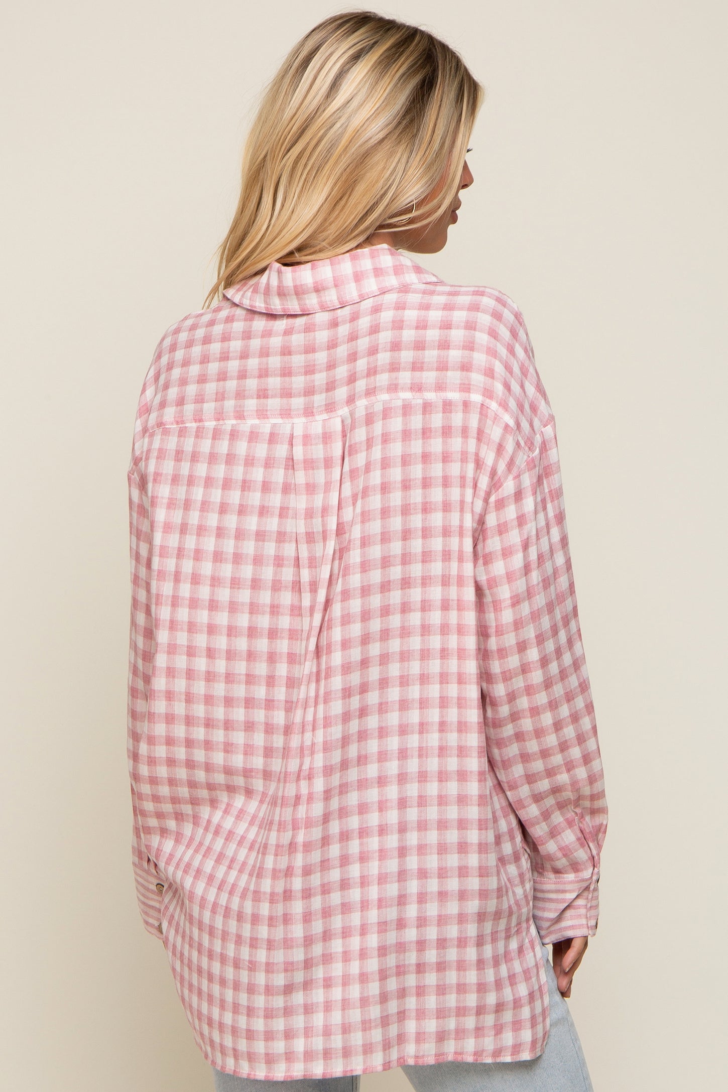 Mauve Plaid Front Pocket Hi-Low Top