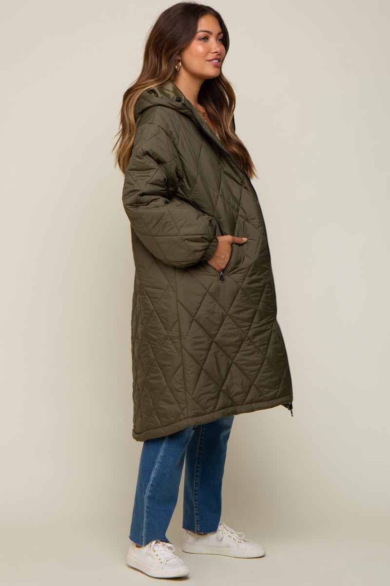 Olive Quilted Long Maternity Puffer Jacket– PinkBlush