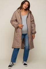 Light Taupe Quilted Long Maternity Puffer Jacket