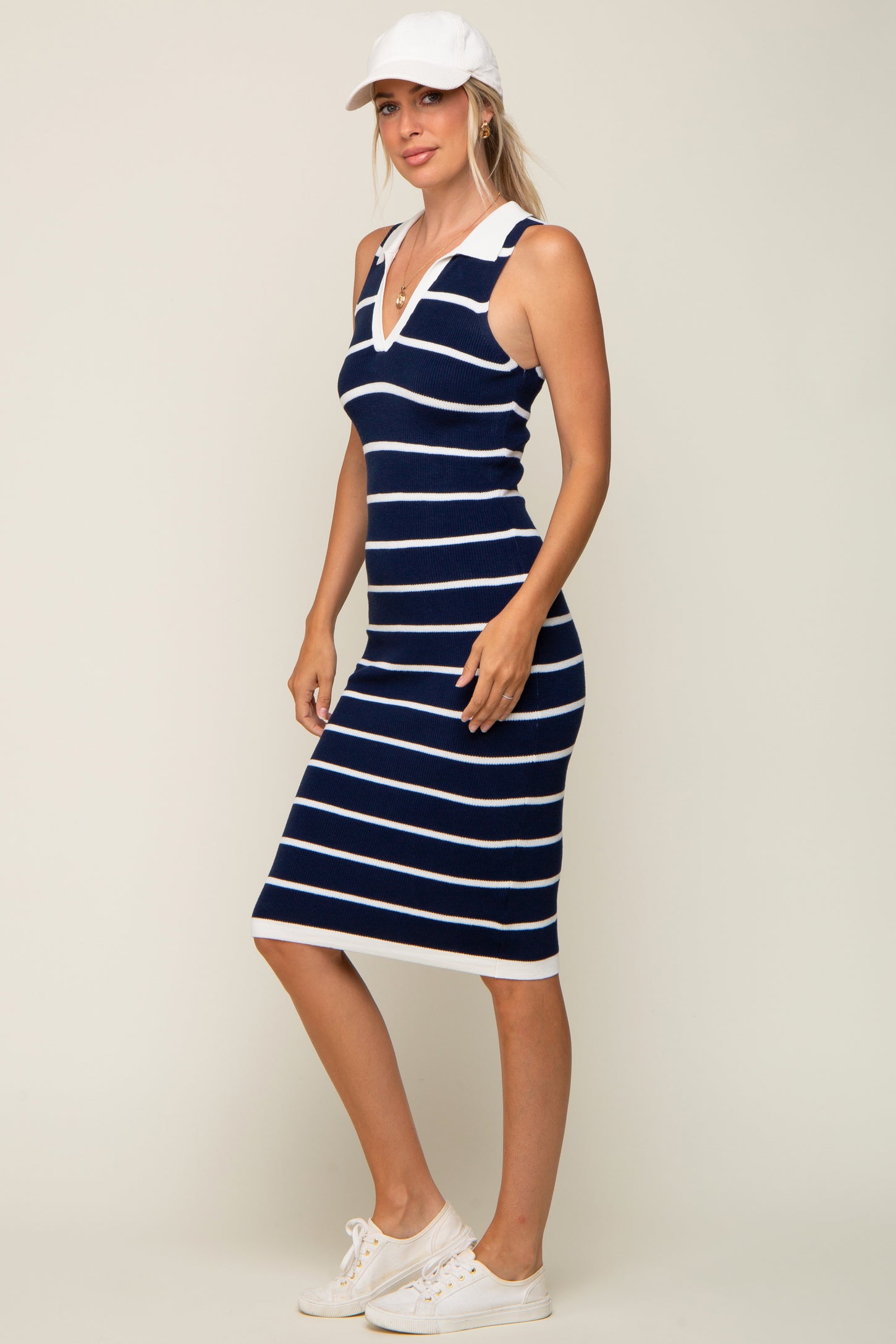 Navy Blue Striped Sleeveless Collared Midi Dress PinkBlush Navy Blue Striped Sleeveless Collared Midi Dress PinkBlush