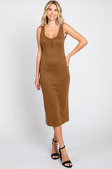 Camel Houndstooth Button Front Maternity Midi Dress