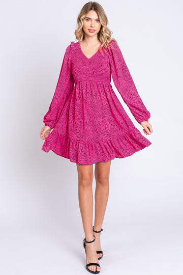 Fuchsia Dot Print Long Sleeve Ruffle Dress