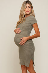 Light Olive Ribbed Fitted Maternity Dress