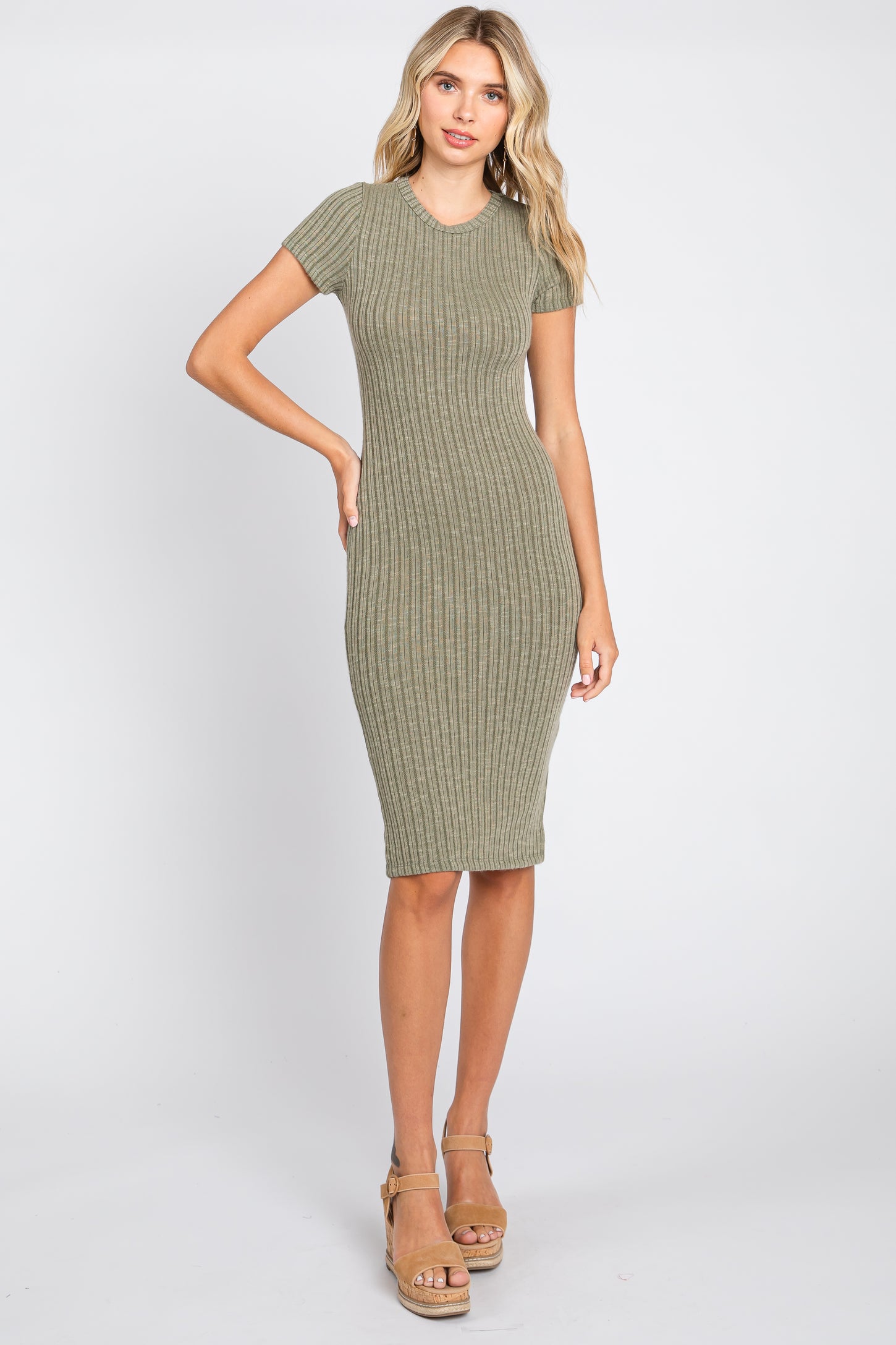 Light Olive Ribbed Fitted Dress