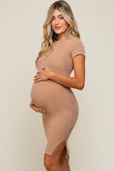 Mocha Ribbed Fitted Maternity Dress