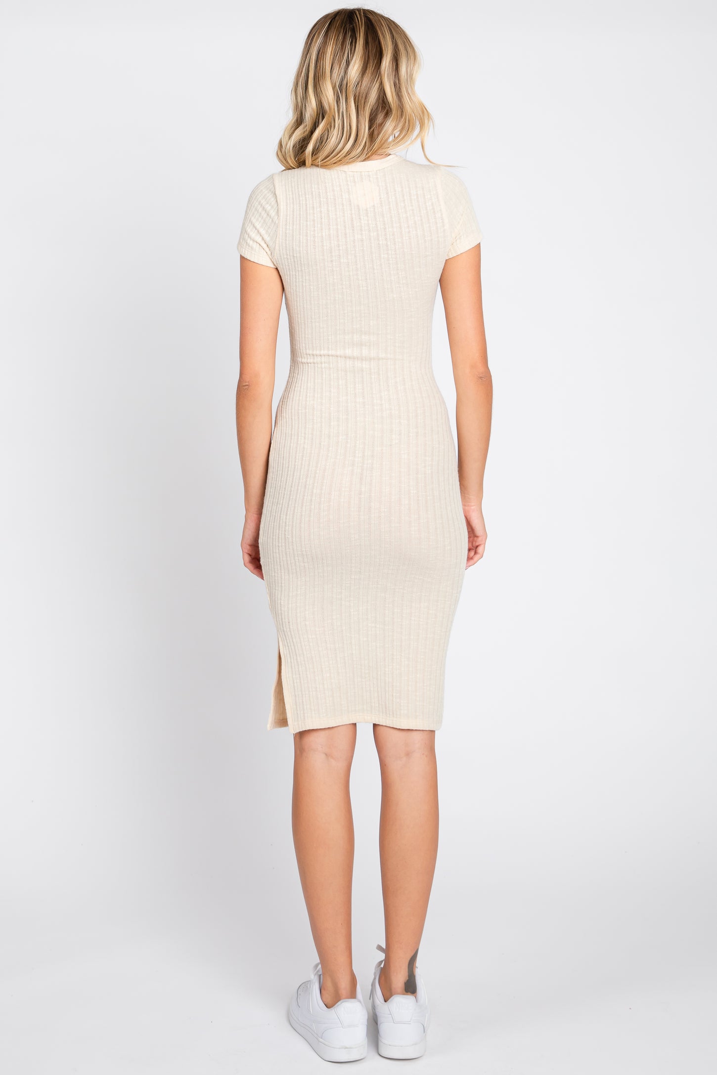 Cream Ribbed Fitted Dress