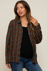 Olive Plaid Button Down Raw Edge Maternity Flannel Top