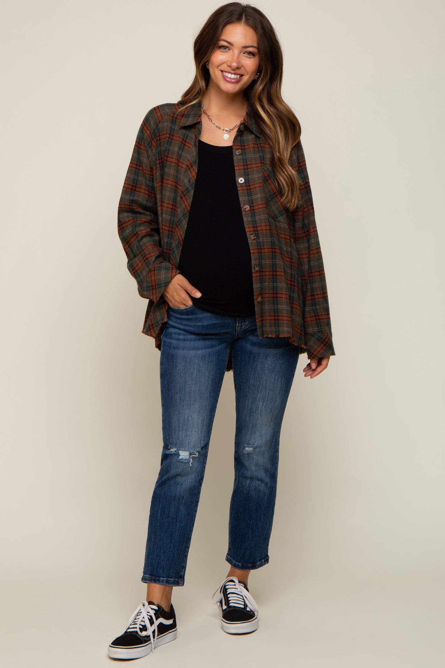 Olive Plaid Button Down Raw Edge Maternity Flannel Top