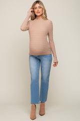 Taupe Textured Knit Ruffle Mock Neck Maternity Top
