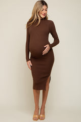 Brown Ribbed Fitted Mock Neck Long Sleeve Maternity Midi Dress