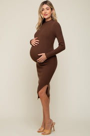 Brown Ribbed Fitted Mock Neck Long Sleeve Maternity Midi Dress