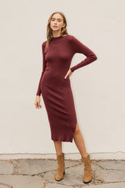 Dark Red Ribbed Fitted Mock Neck Long Sleeve Midi Dress