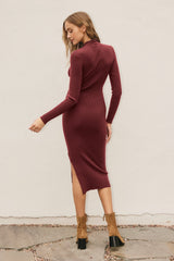 Dark Red Ribbed Fitted Mock Neck Long Sleeve Midi Dress