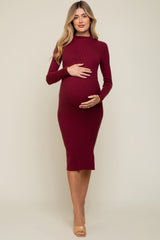 Dark Red Ribbed Fitted Mock Neck Long Sleeve Maternity Midi Dress