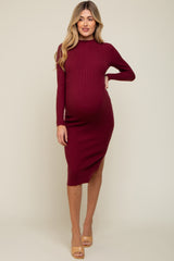Dark Red Ribbed Fitted Mock Neck Long Sleeve Maternity Midi Dress