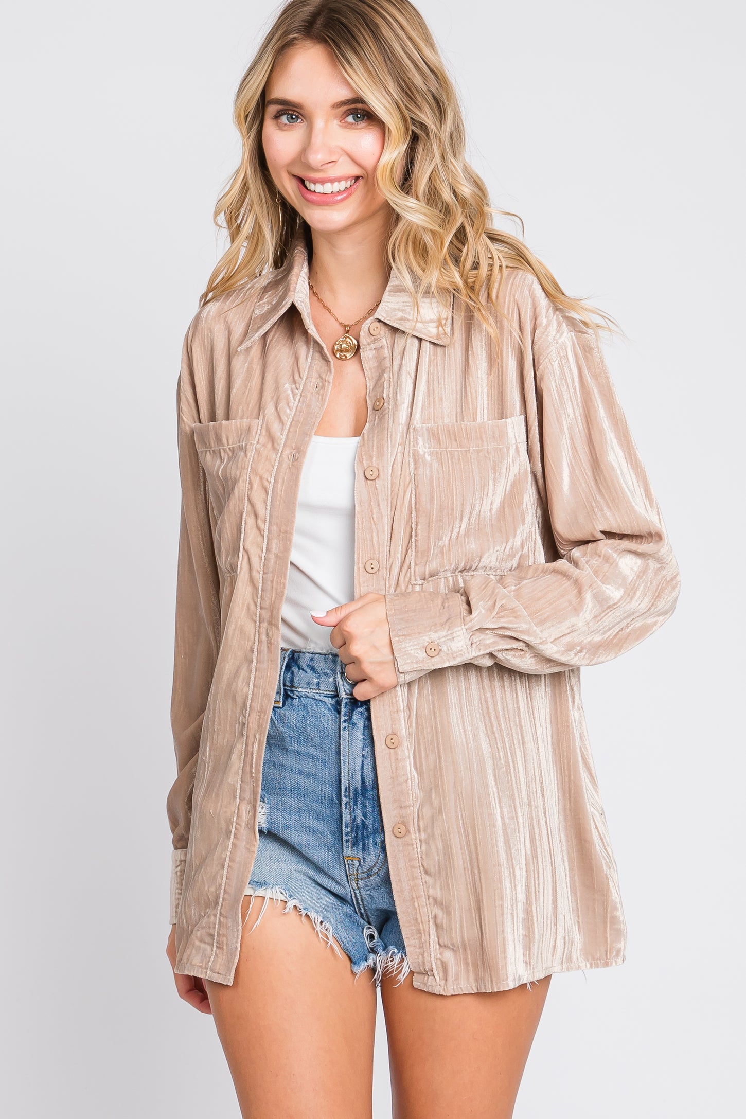 Taupe Button Up Velvet Maternity Top