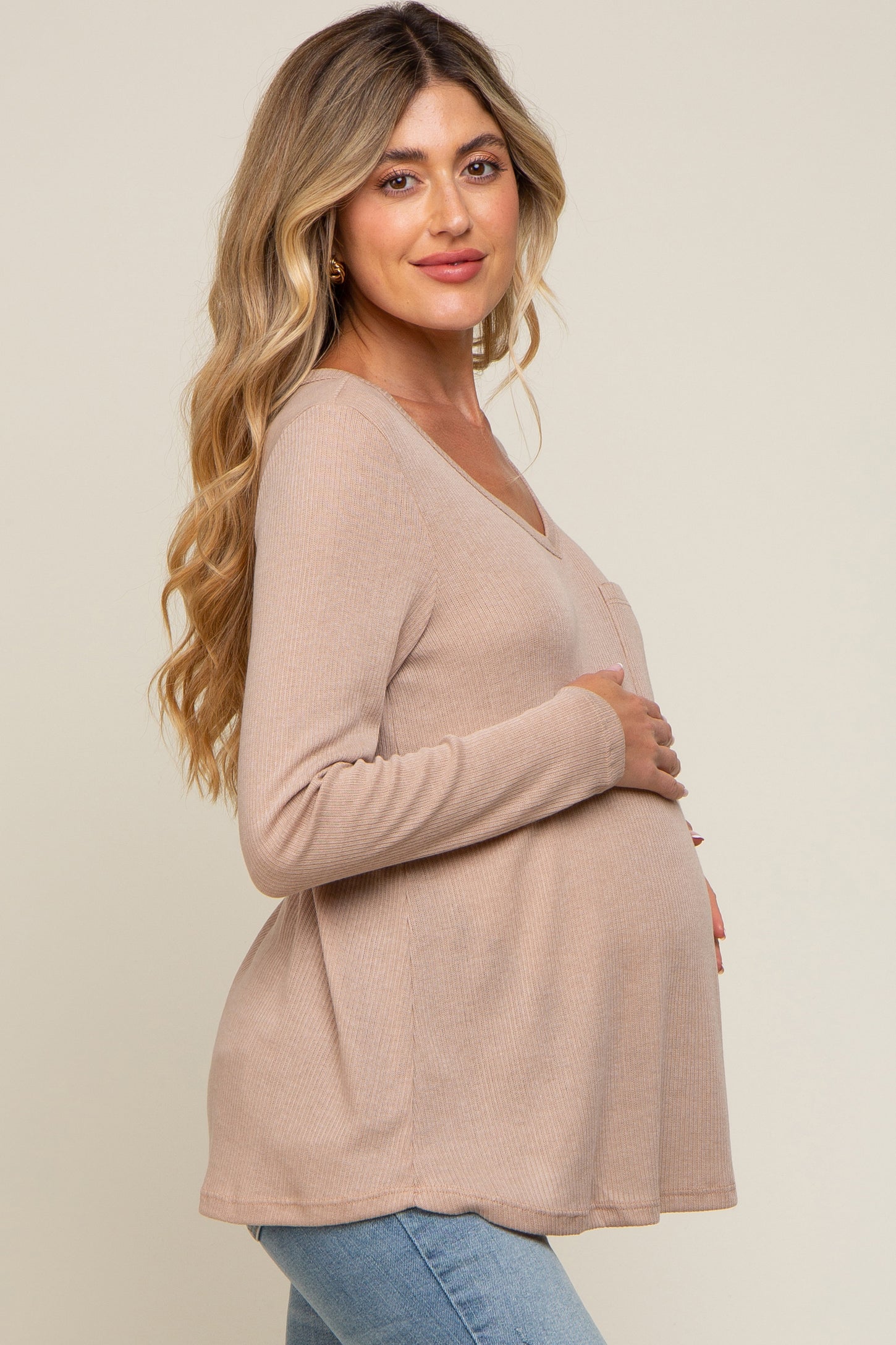 Beige Ribbed Knit Maternity Long Sleeve Top