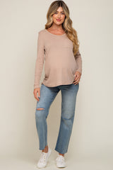 Beige Ribbed Knit Maternity Long Sleeve Top