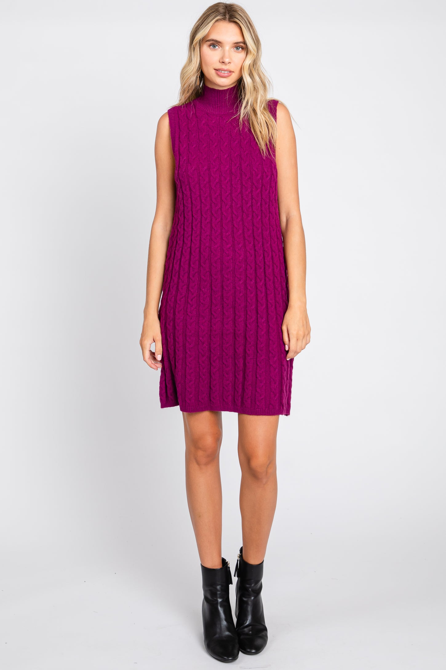 Plum Cable Knit Mini Sweater Dress
