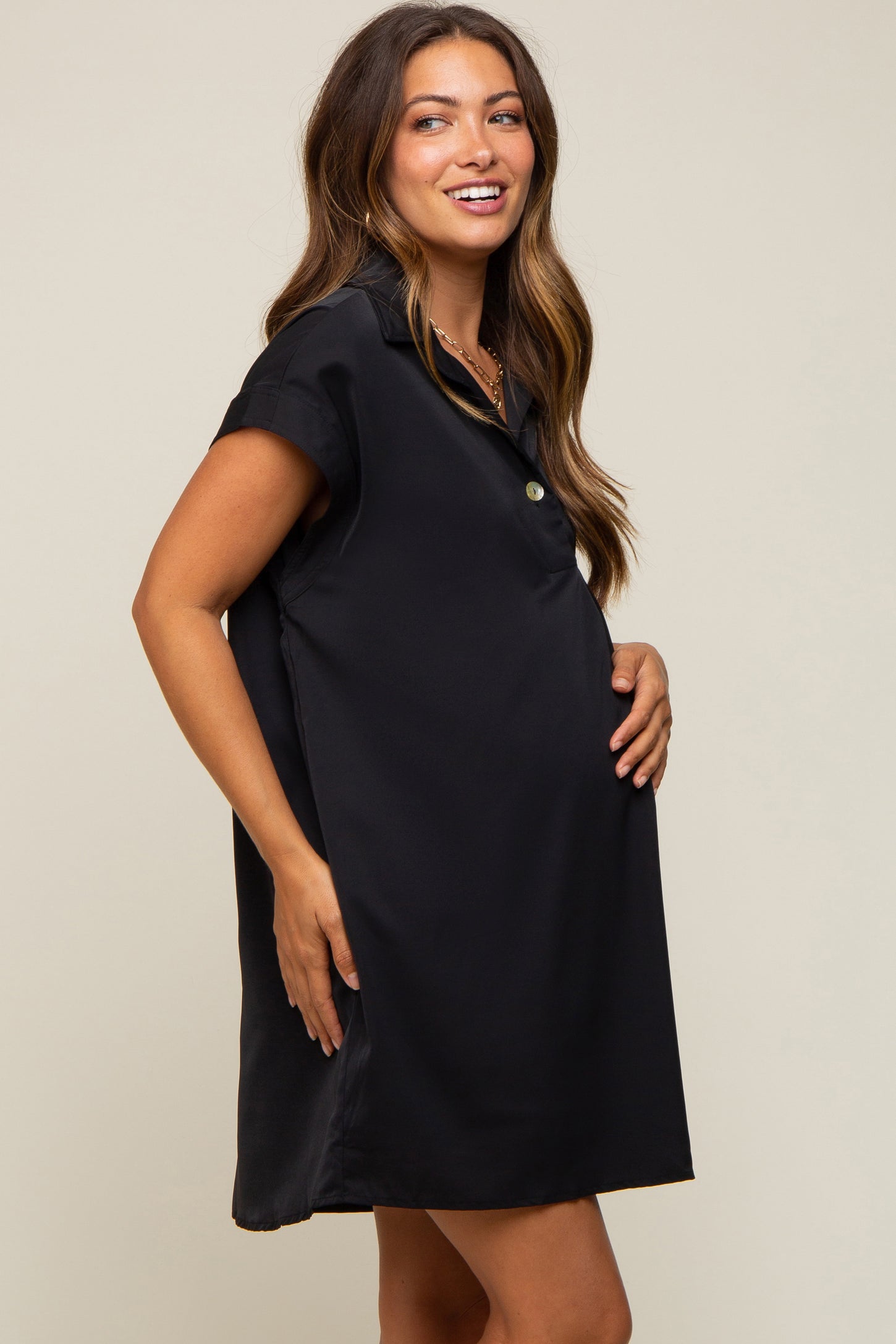 Black Collared Button Front Maternity Dress
