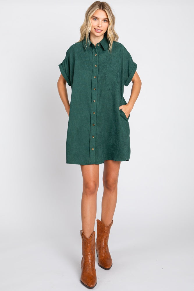 Forest Green Ribbed Button Down Maternity Mini Dress
