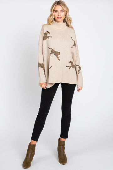 Beige Animal Print Side Slit Sweater