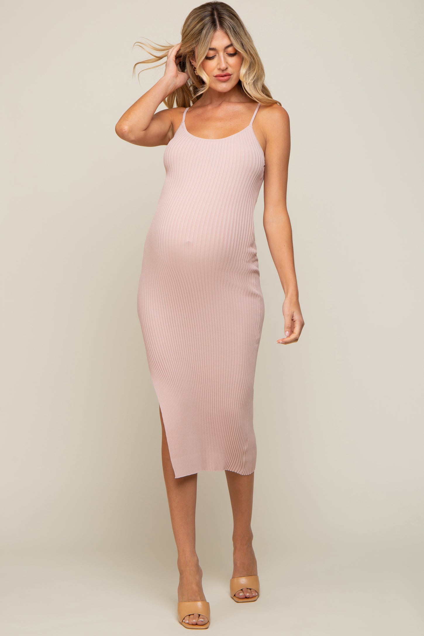 Light Pink Ribbed Sleeveless Side Slit Maternity Midi Dress