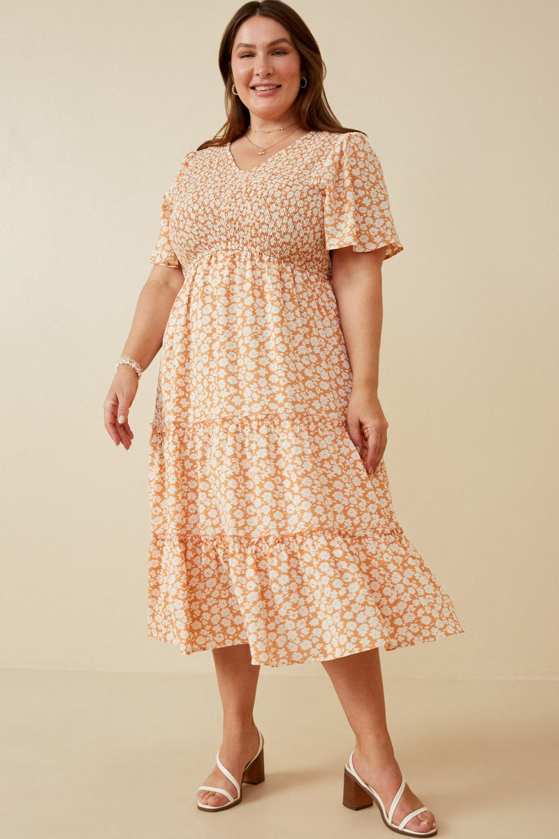 Peach Floral Tiered Maternity Plus Midi Dress