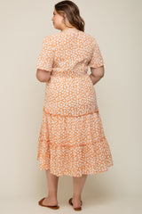 Peach Floral Tiered Maternity Plus Midi Dress