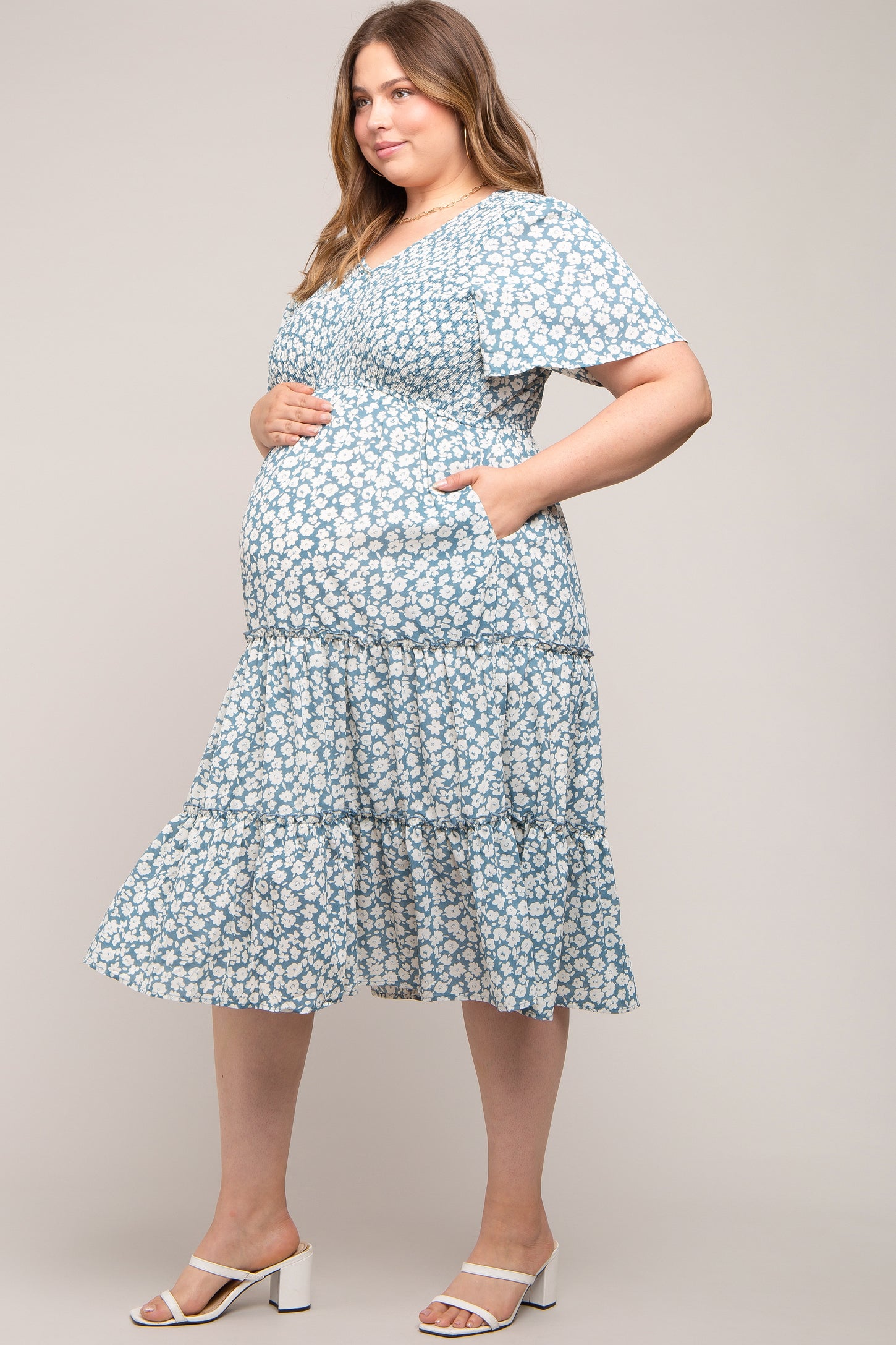 Blue Floral Tiered Maternity Plus Midi Dress– PinkBlush