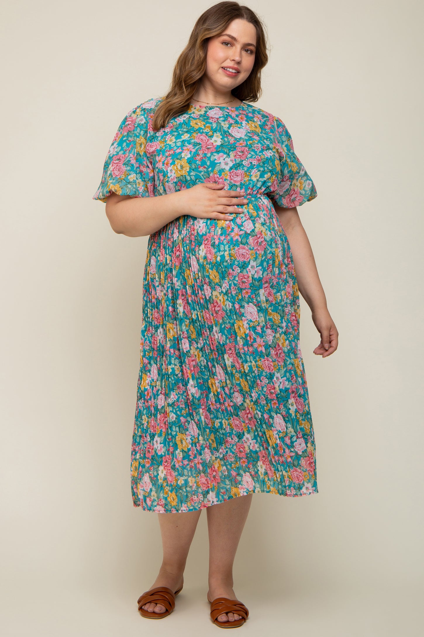 Teal Floral Pleated Maternity Plus Size Midi Dress