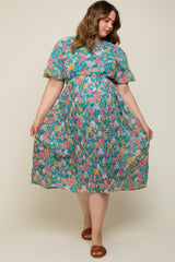 Teal Floral Pleated Maternity Plus Size Midi Dress