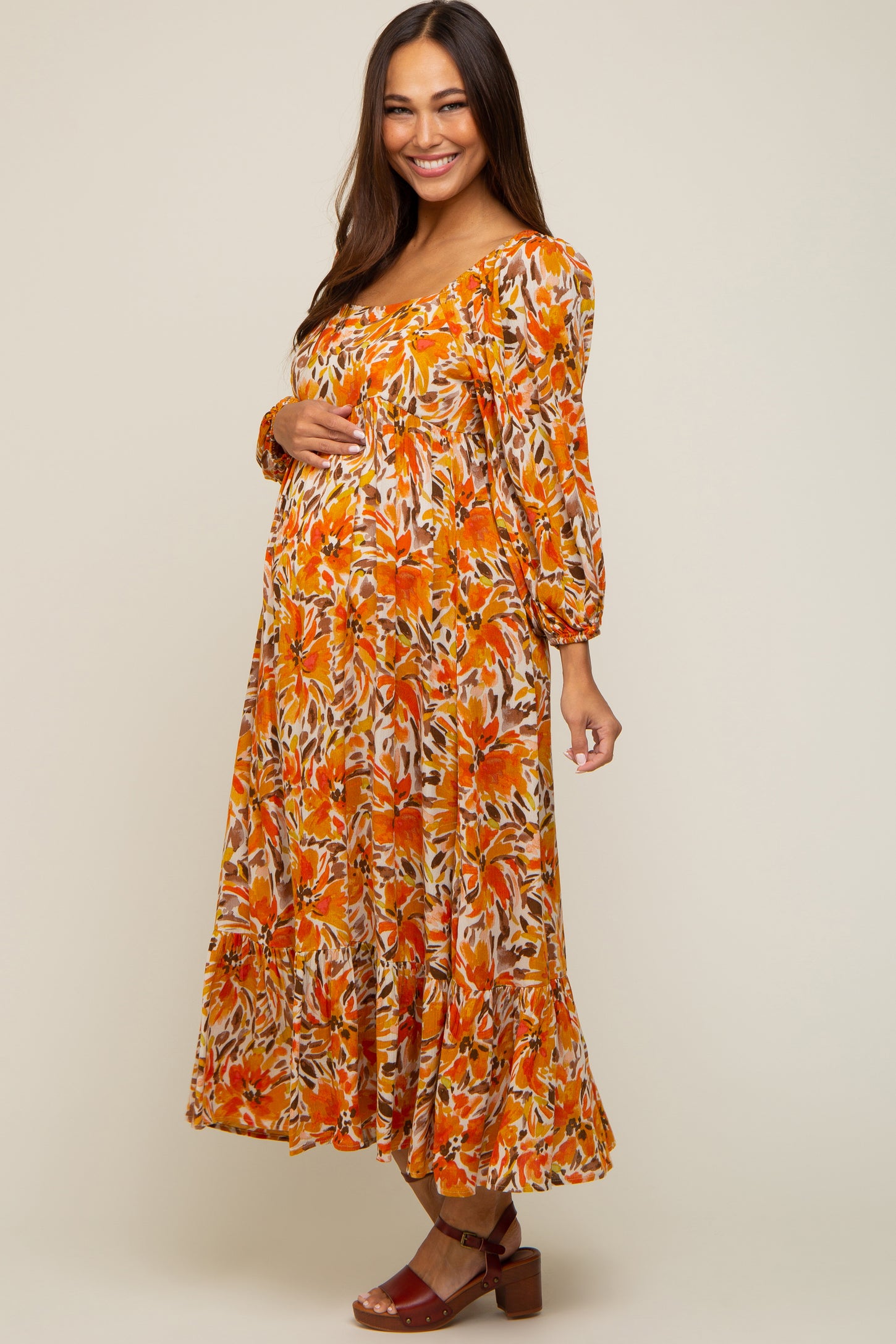 Orange Floral 3/4 Sleeve Maternity Midi Dress