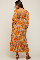 Orange Floral 3/4 Sleeve Maternity Midi Dress