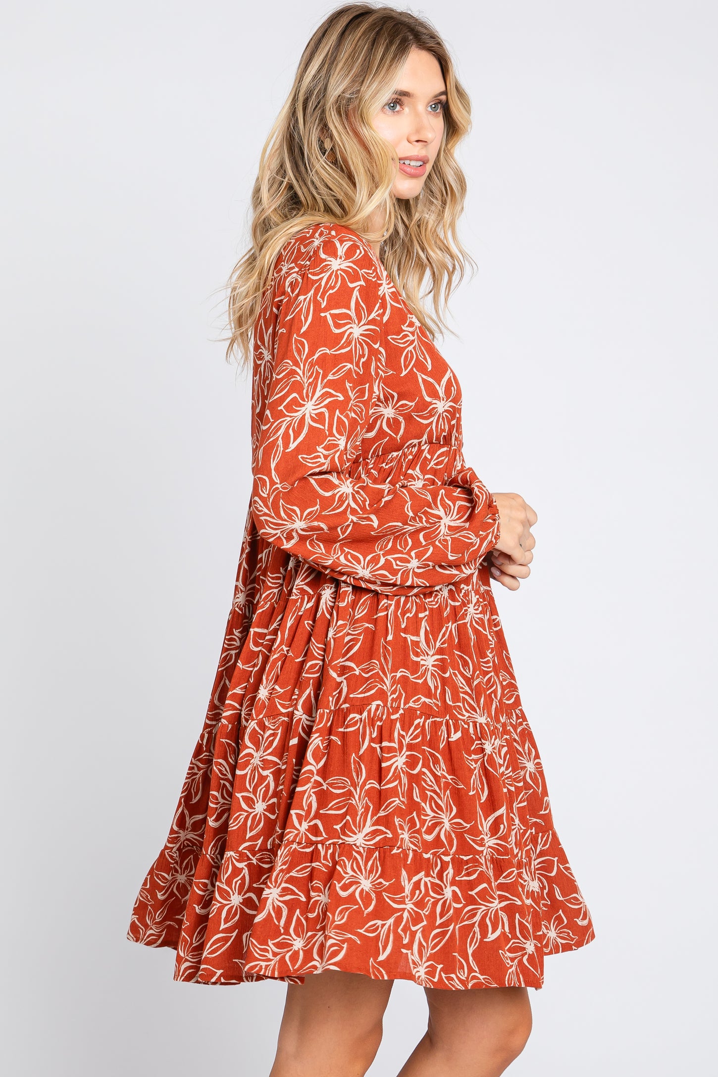 Rust Floral Button Front Tiered Dress