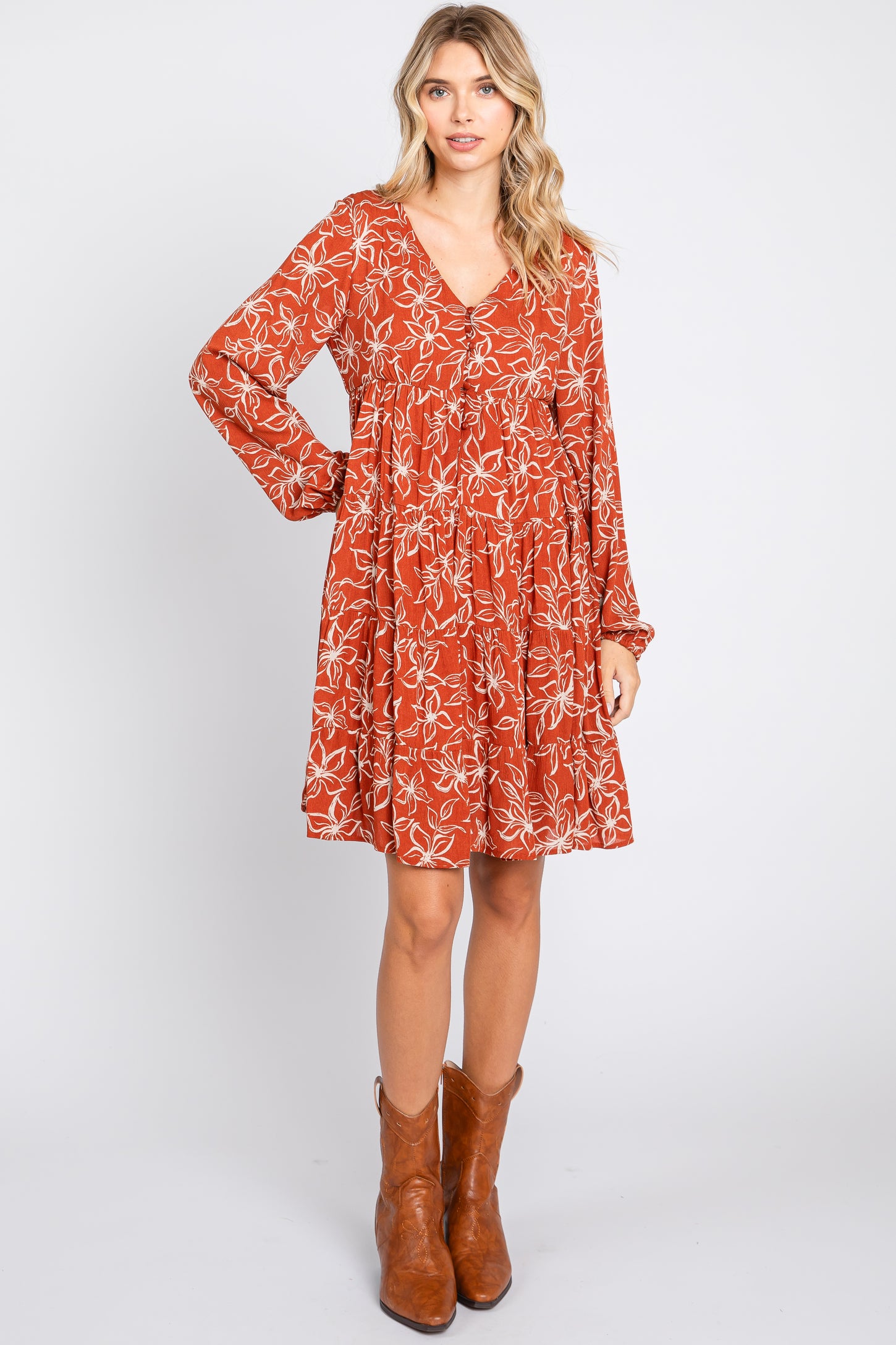 Rust Floral Button Front Tiered Dress