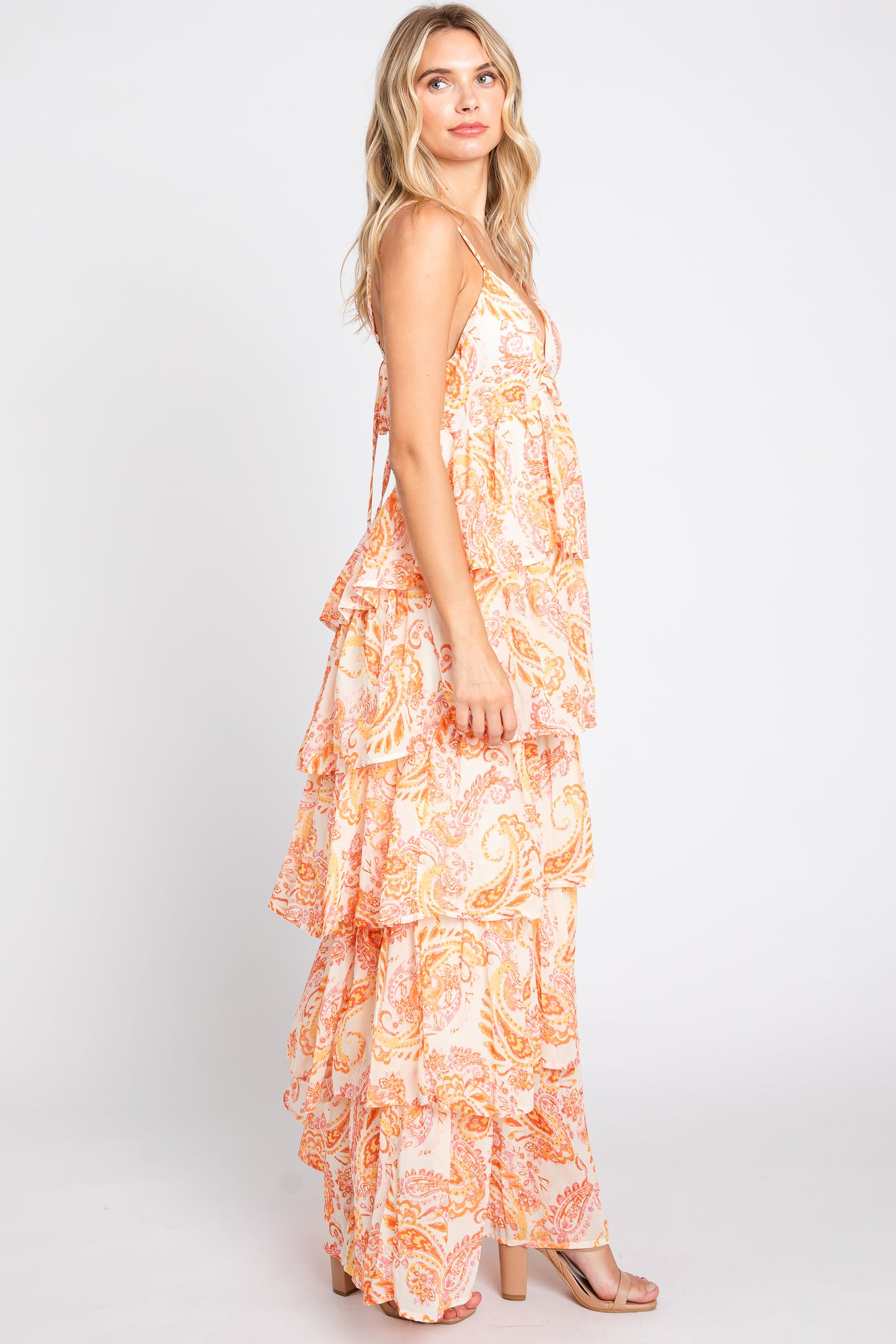Ivory Floral Chiffon Open Back Tiered Maxi Dress
