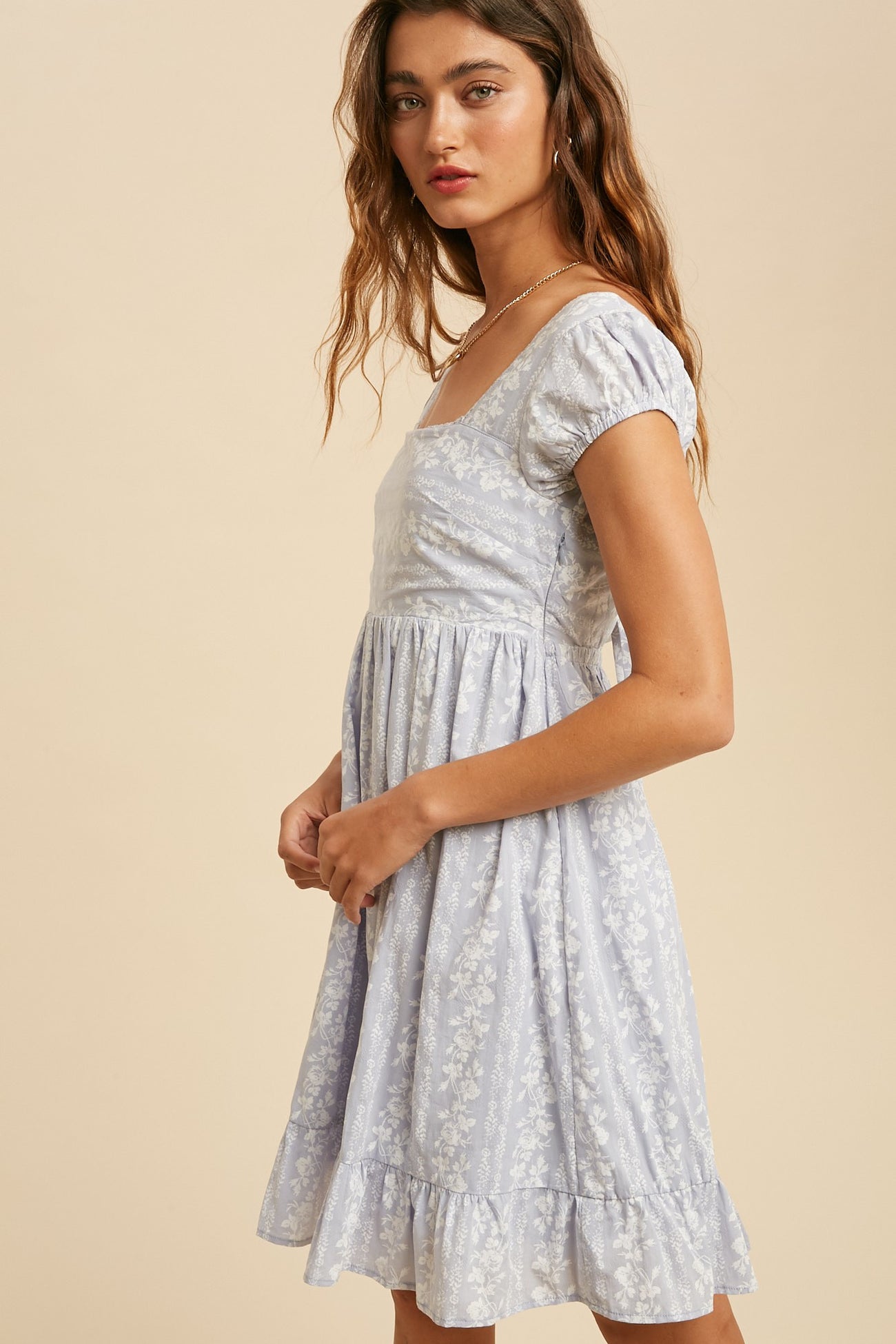 ワンピース Lace Trimmed Floral Dress powder blue M Lace Trimmed Floral Dress powder blue M