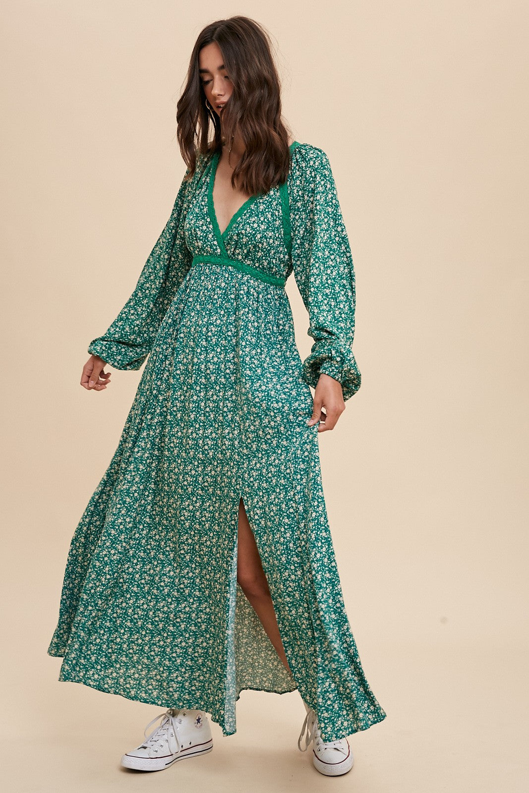Green Floral Lace Accent Side Slit Maxi Dress Green Floral Lace Accent Side Slit Maxi Dress